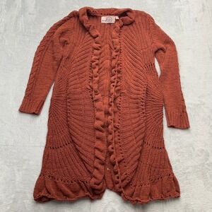 Rosie Neira Women's L Rust Orange Cable Knit Open Front Long Cardigan Sweater